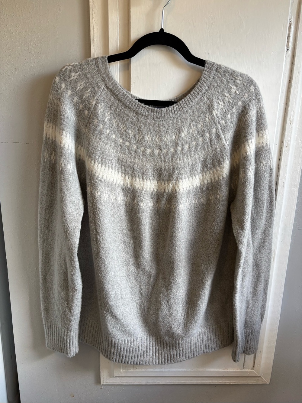 Laura Scott Light Gray and Cream Nordic Yoke Crewneck Sweater